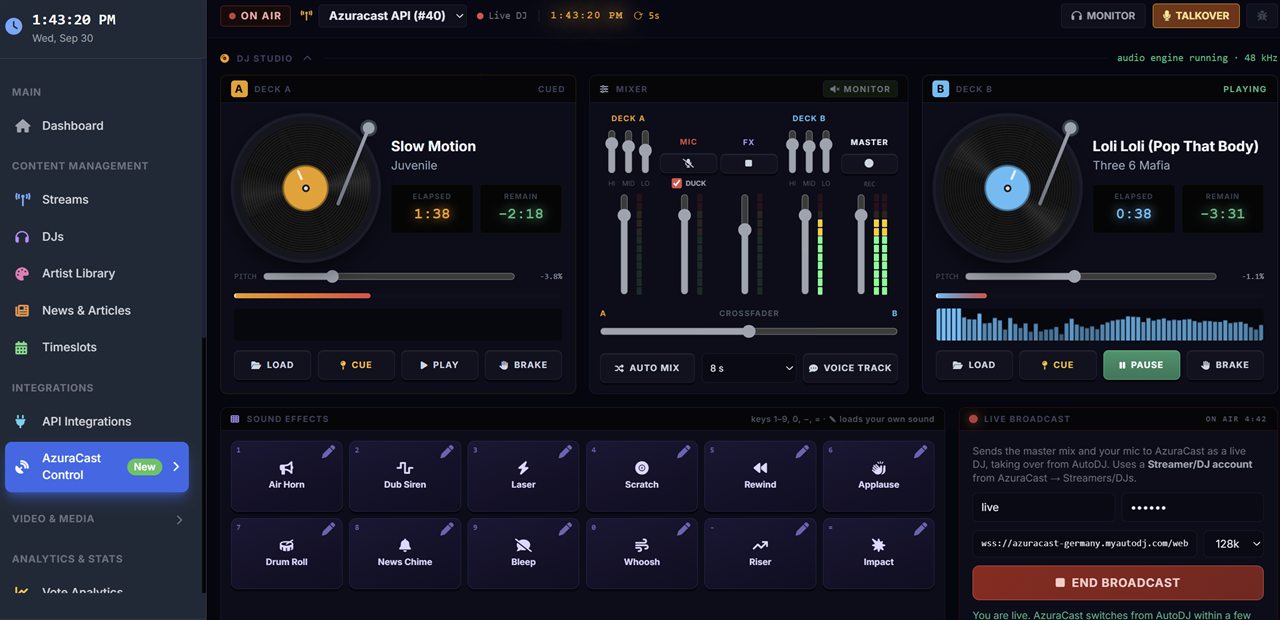 The SHOUTcast Widgets DJ Studio: two turntable decks, a mixer with EQ and crossfader, and sound-effect pads running in a web browser